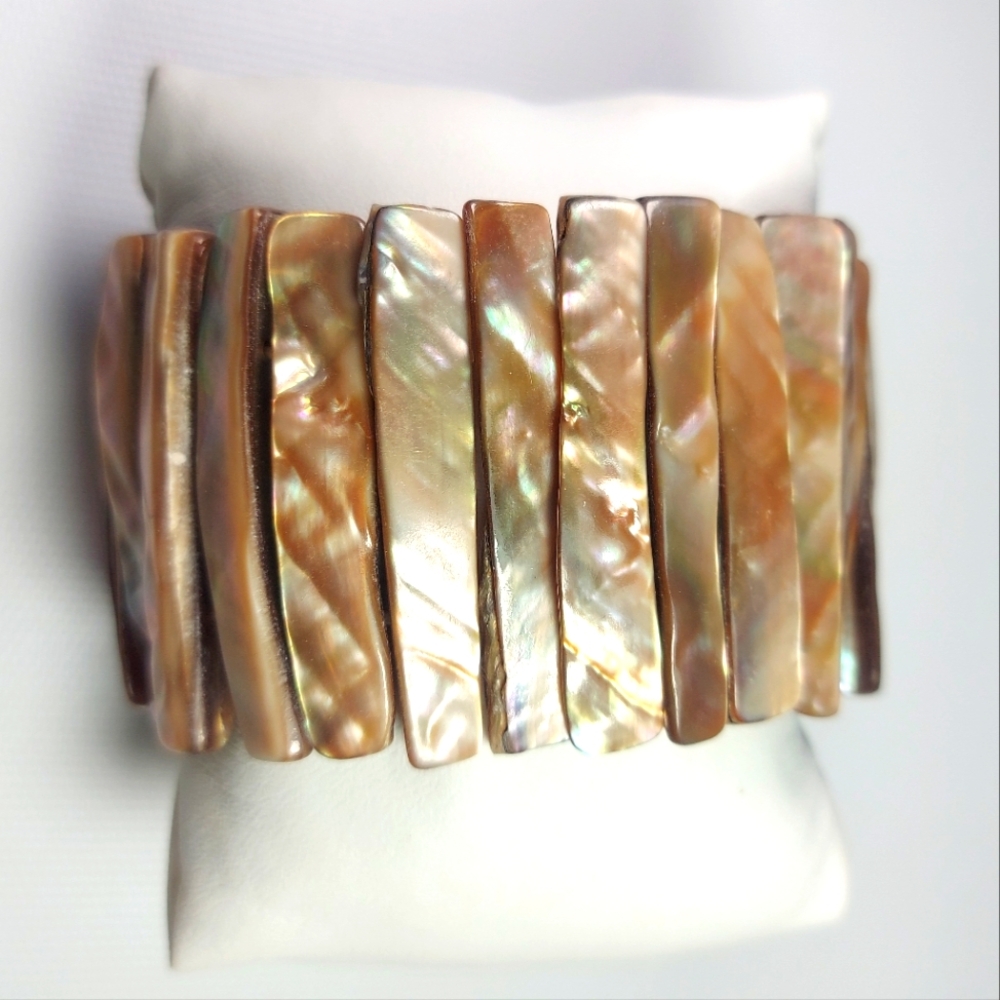 Vintage Mother of Pearl Wide Bead  Stretch Cuff Bracelet